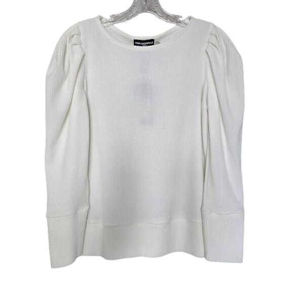 KARL LAGERFELD Paris Knit Ribbed Crewneck Sweater Ivory Size Medium - Picture 3 of 10